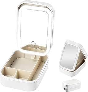 Makeup Mirror With Led Light Portable Vanity Organizer Box 3 Color Setting Cosmetic Mirror Rechargeable Desktop Mirror For Home And Travel Women (White)