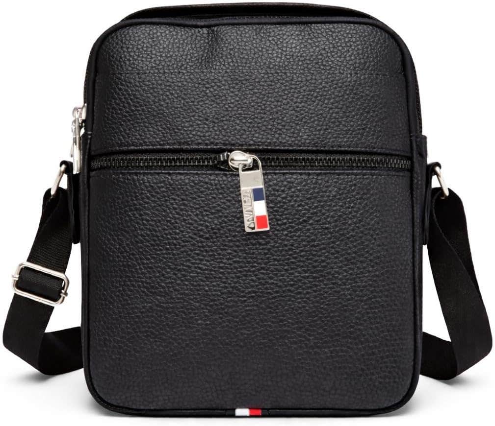 Men's Leather Shoulder Bag for Work and Out, Dark Brown - Multi Zipper