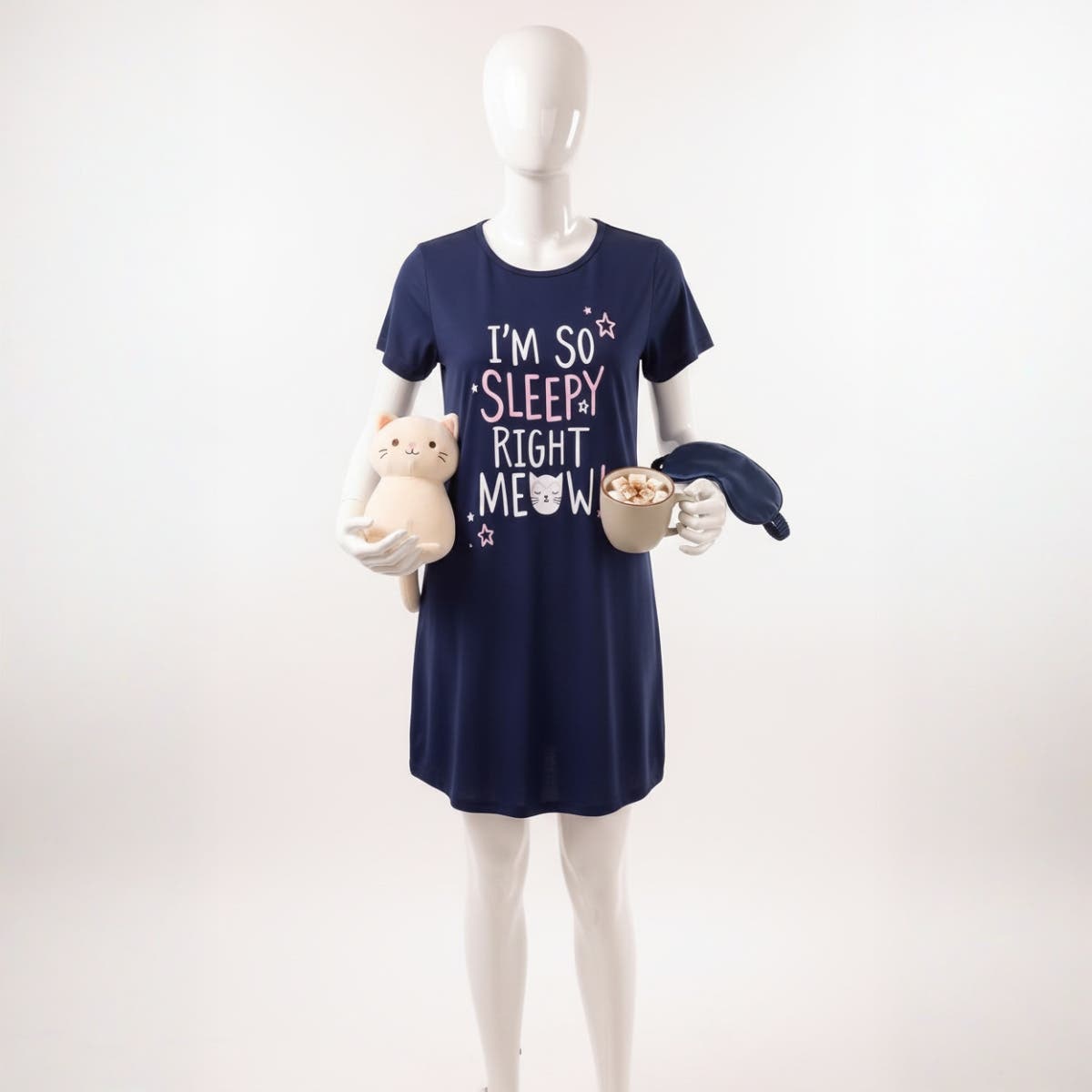 Navy Blue Cotton Short Sleeve Nightdress for Women - "I'm So Sleepy Right Meow!"