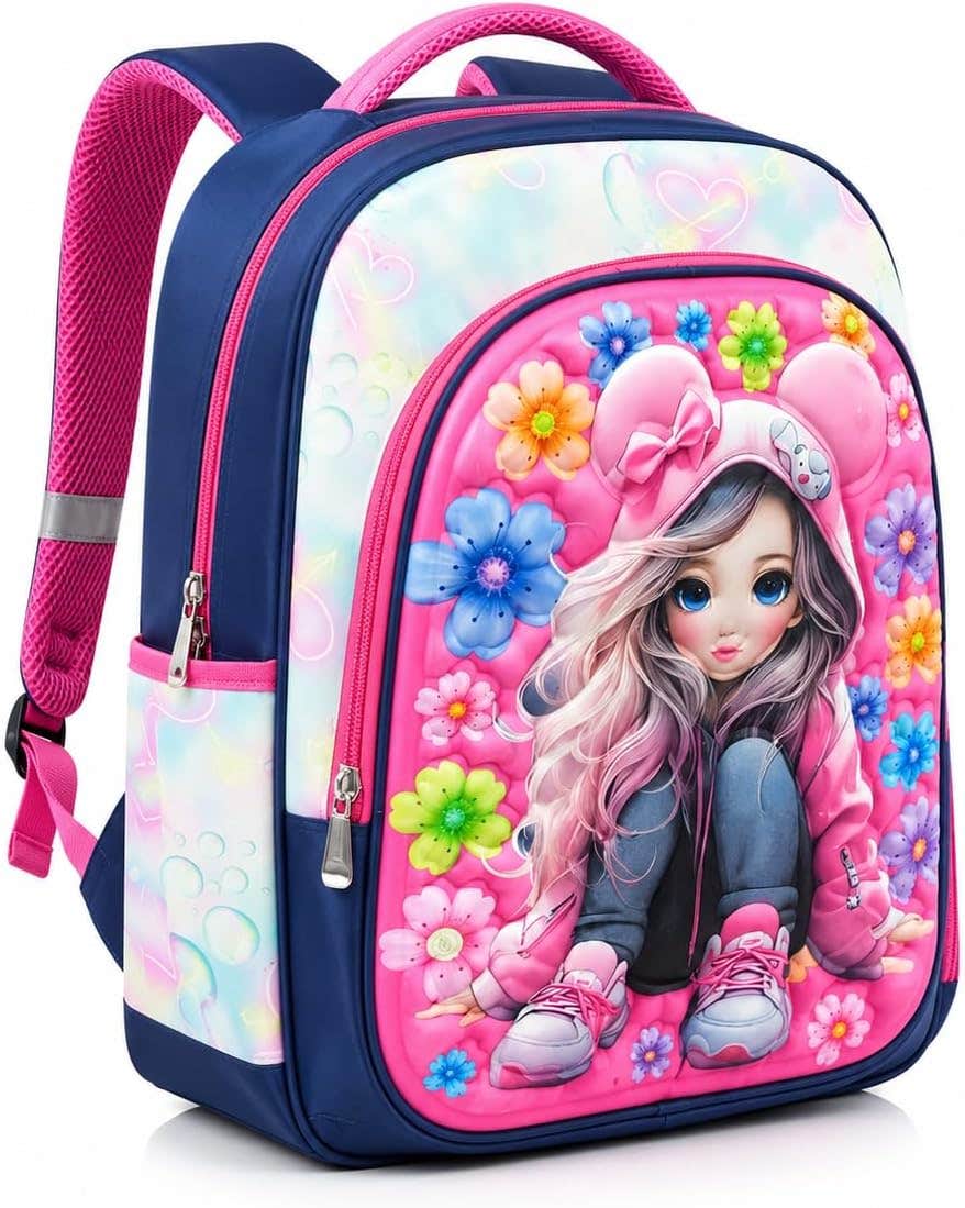 Girls School Bag Rose Navy 3D Design | Pink 37x30cm | Padded Straps & Reflective Strip