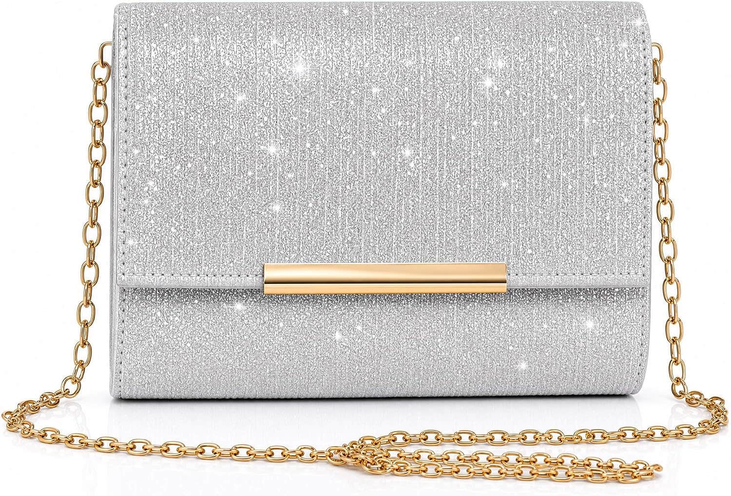 Elegant Glitter Hand & Crossbody Bag with Gold Chain - Women's Formal Soiree Bag