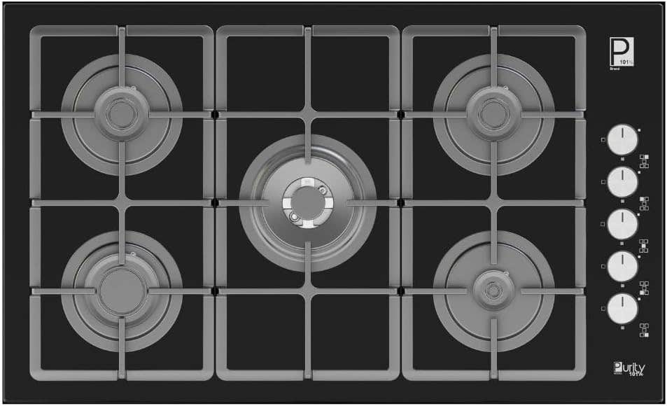 Purity101 5-Burner Black Glass Gas Hob, Auto-Ignition, Safety System - 90cm