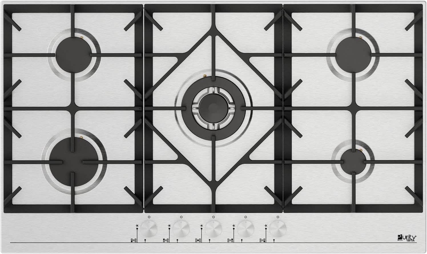 Purity101 90cm Gas Hob, 5 Burners, Heavy-Duty Grids, Triple Flame - Silver
