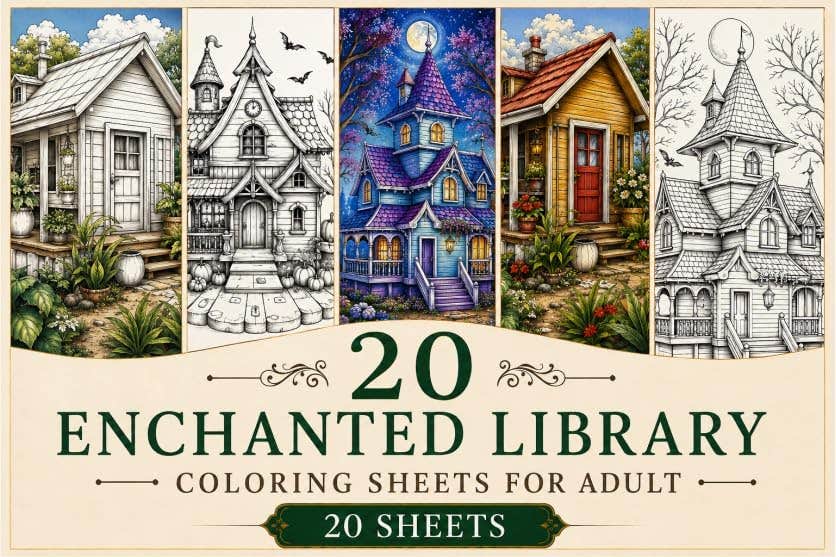 20 Coloring Pages A4 Coloring Sheets Magic Houses Magician Old Books Comfortable Reading Rooms Detailed Calligraphy Art Relaxation Stress Relief Creative Coloring Sheets Nw 431