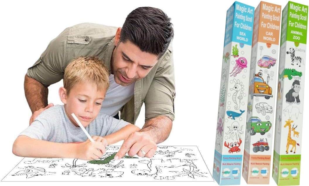 3 Rolls Drawing Paper for Kids and Adults, Matte White Art Paper Each Roll, 32cm x 300cm, Perfect for Drawing, Crafts, Birthday Party Gift (Sea World - Jungle Animals - Car World)