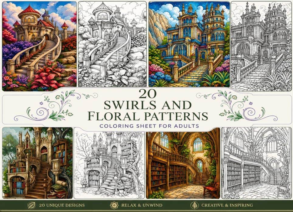 Magic Houses Coloring Pages Set | 20 A4 Sheets, Calligraphy Art Stress Relief - Generic Brand