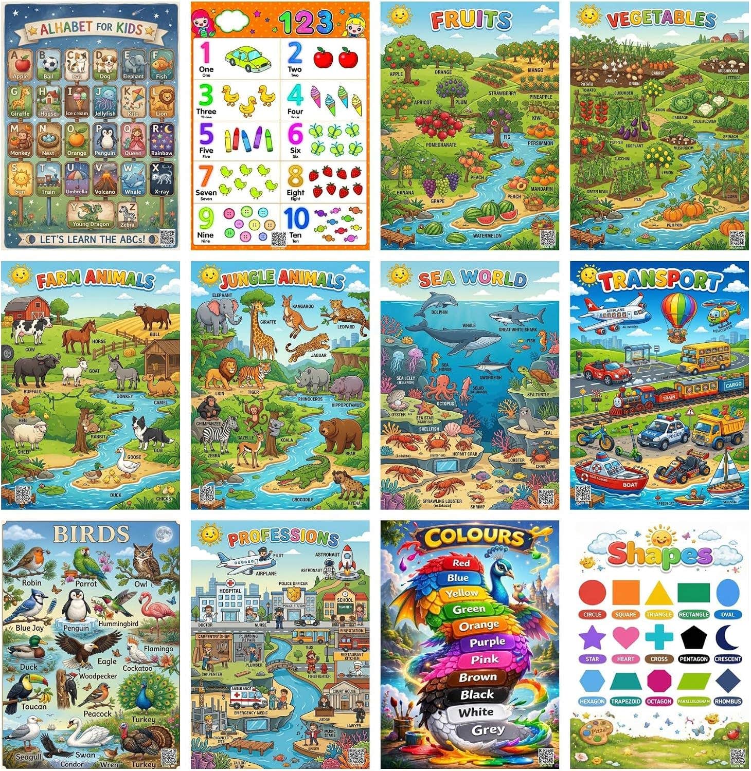 Educational Alphabet Posters for Kids - Black Horse Theme - Set of 12 Panels