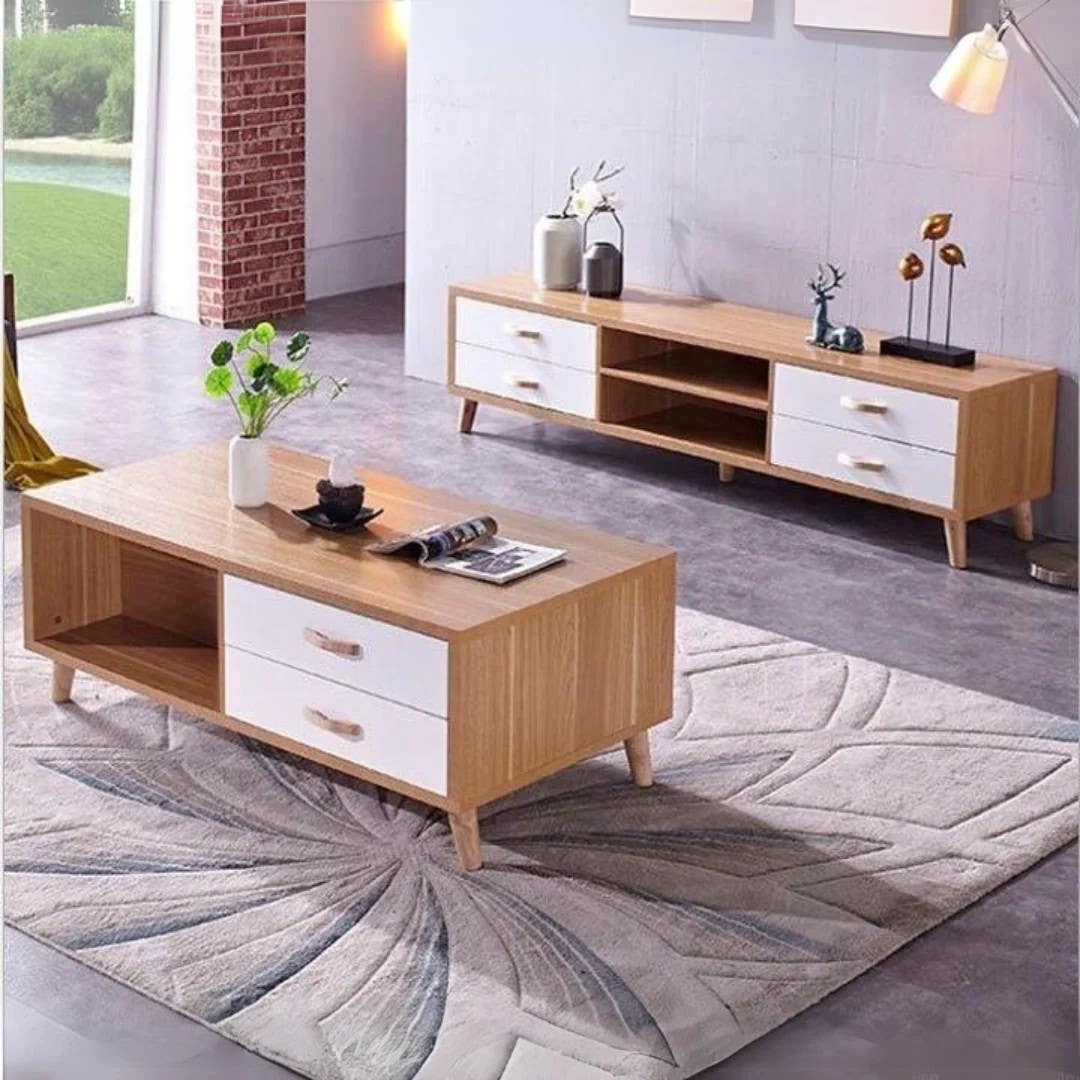 Living Room Set | TV Unit and Center Table | White & Wooden | SET7