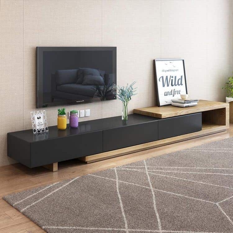 Modern Black & Wood TV Unit | Spanish MDF | 220x40x40 cm | Warranty 3 Years