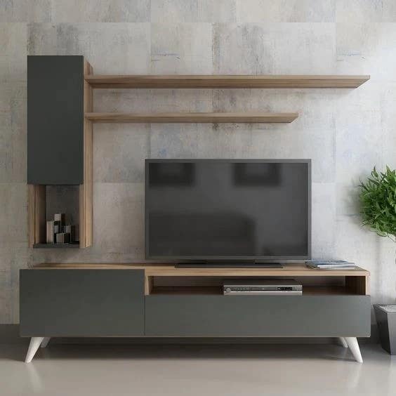 Modern Black & Wooden TV Unit | 160x35x40 cm | Living Room Furniture