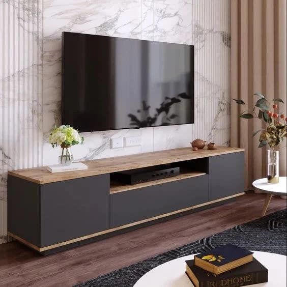 Modern Black & Wood TV Unit | 180x30x40 cm | 3-Year Warranty