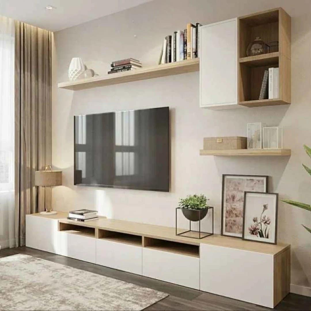 Modern White & Wooden TV Unit | 220x40x40 cm | 3-Year Warranty