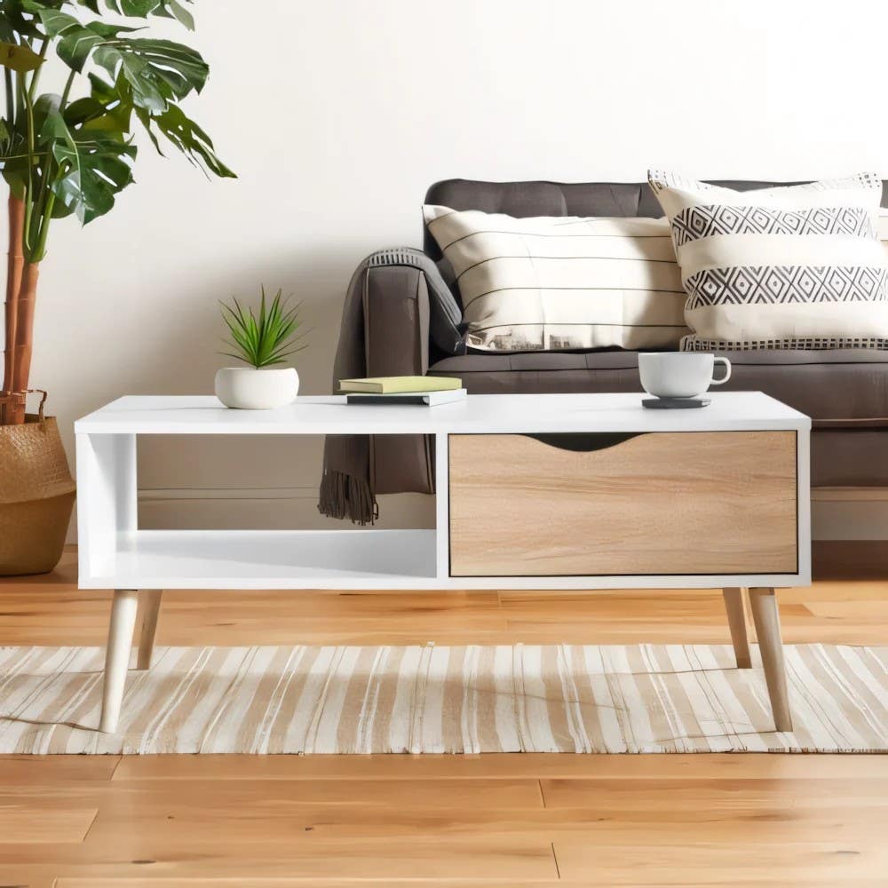 Modern White & Wooden Table Unit | Rectangular 100x50x40 | Living Room Furniture