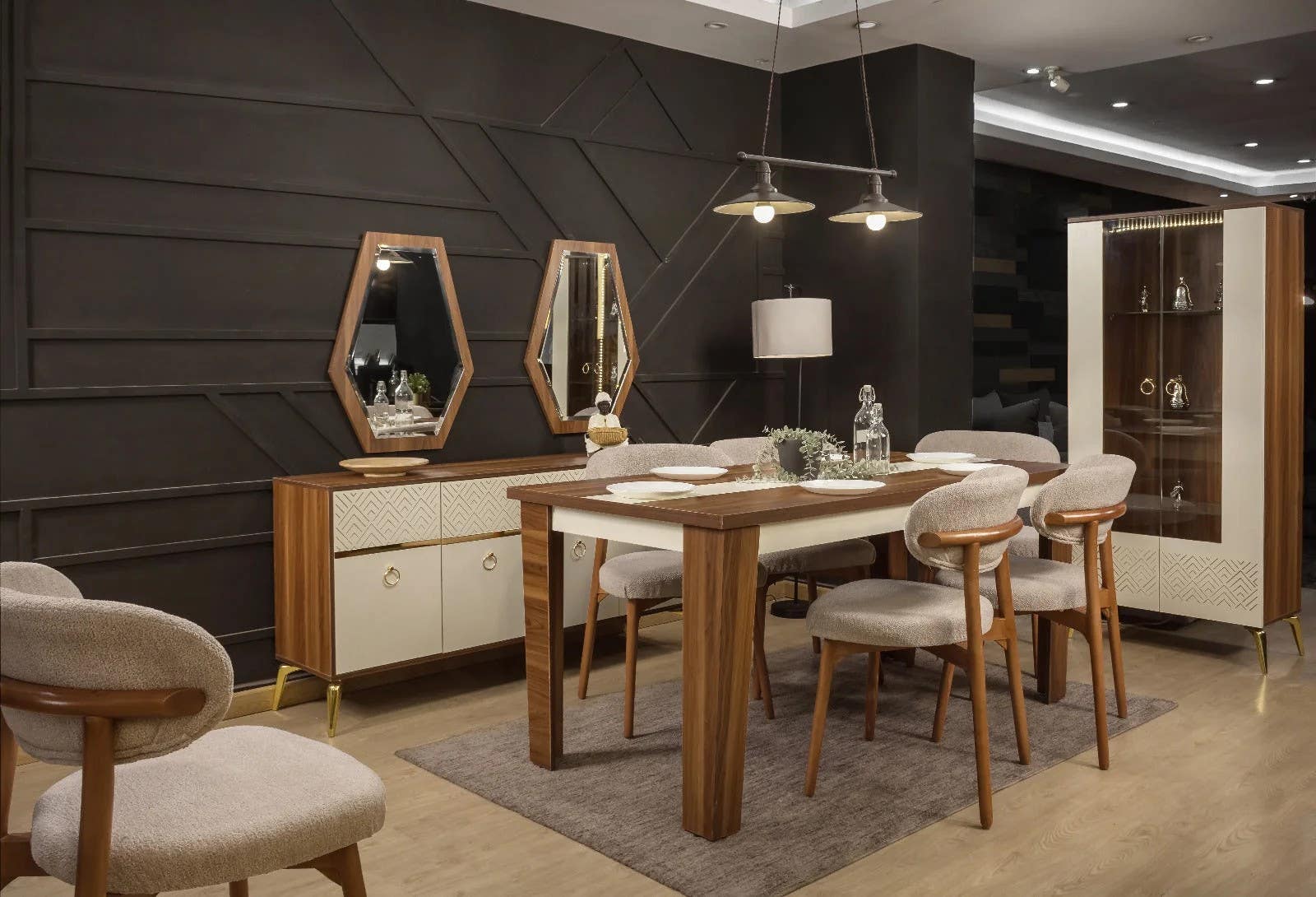 Modern Dining Room Set with Table, Chairs, Buffet, and Display Cabinet | MDF | DRS35