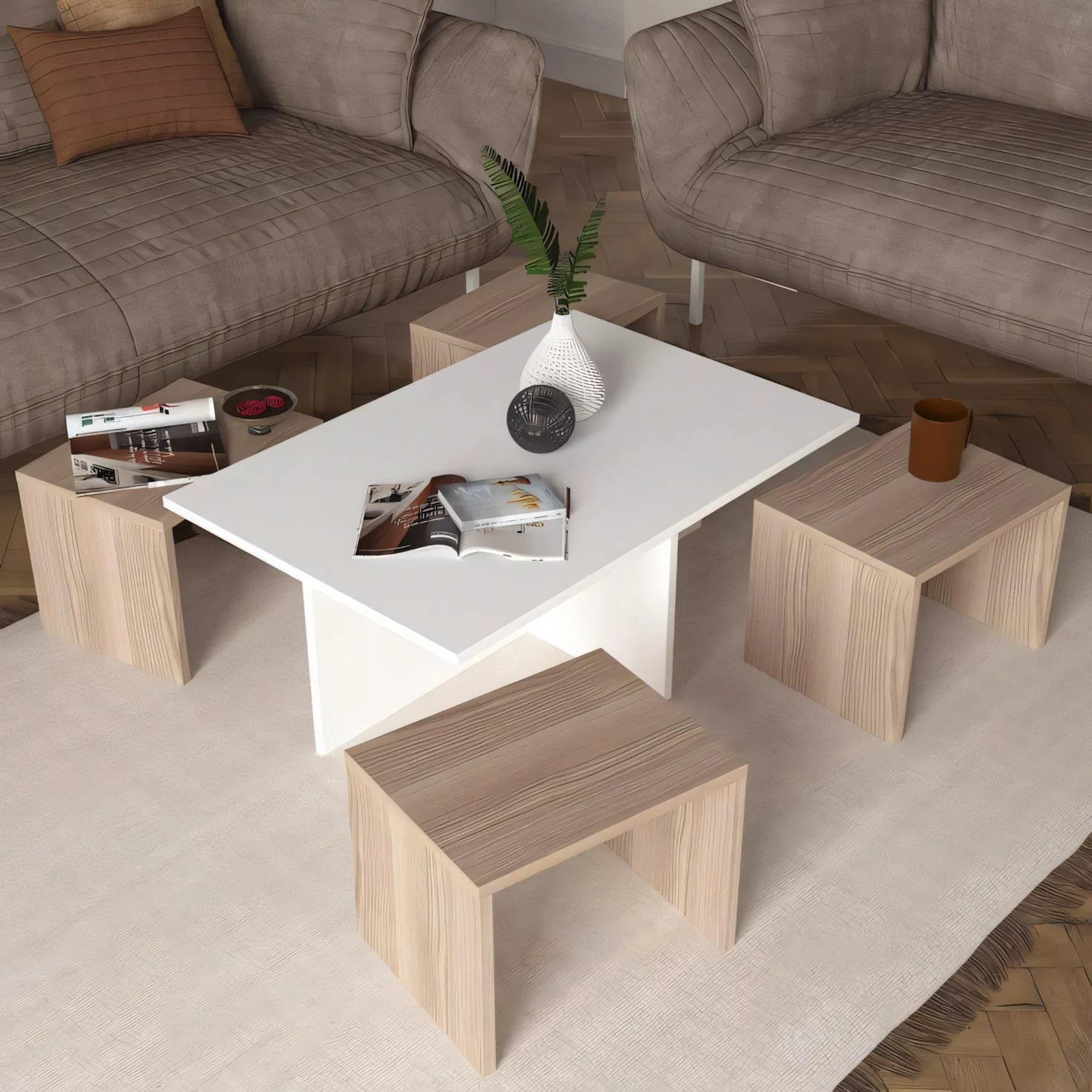 Modern White & Wooden Table Unit | 100x60x45 | Living Room Furniture