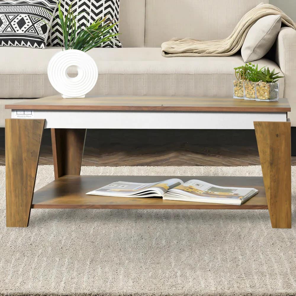 Contemporary White & Wooden Table Unit | 100x50x40 | Living Room Furniture