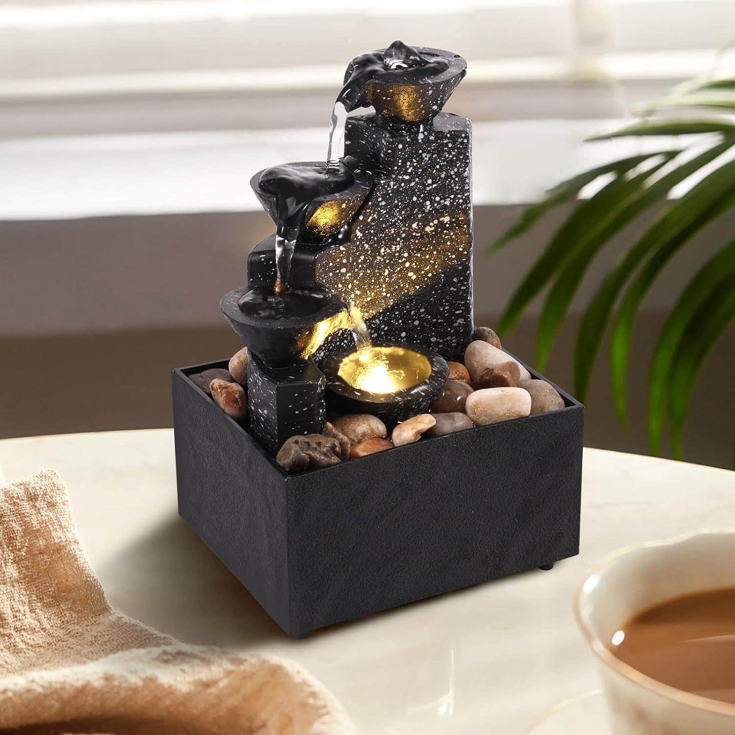Desktop Waterfall Meditation Fountain with Soft Lights - Reusable Decor for Bedroom & Living Room (Flowing Water)