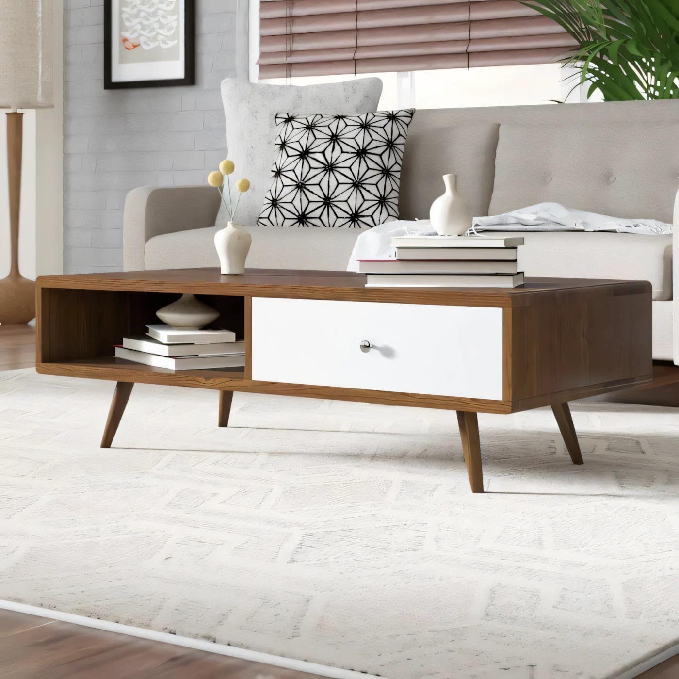 Modern White & Brown Table Unit | 100x50x40 | Living Room Furniture