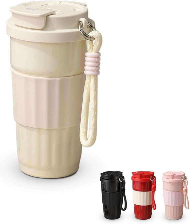 Coffee Mug With Straw Lid 500 Ml Stainless Steel Vacuum Cup With Carry Handle, Leak Proof Insulated Travel Mug For Hot And Cold Drinks, Office Car And Travel Use F-1537 (White)