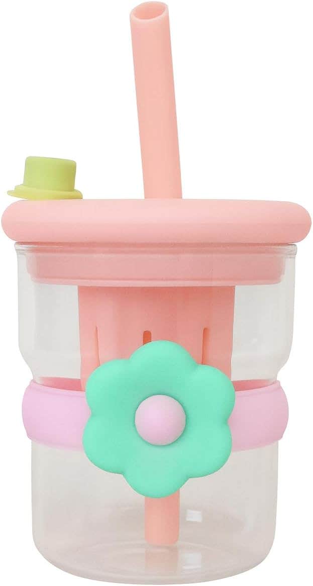 Water Bottle Glass with Straw 500ml - Cute Flower Strainer Cup Leak-Proof Bpa Free for Juice Milk Tea Indoor Outdoor, GG-2521 (Pink)