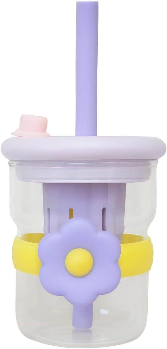 Water Bottle Glass with Straw 500ml - Cute Flower Strainer Cup Leak-Proof Bpa Free for Juice Milk Tea Indoor Outdoor, GG-2521 (Purple)