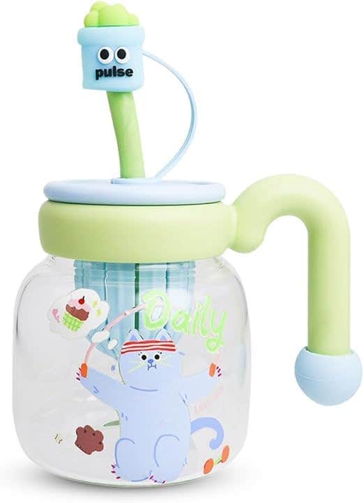 Glass Water Bottle with Straw & Handle 860ml - Strainer Cup, Leak-Proof, BPA-Free, Easy-Grip Lid for Juice, Milk and Tea, Cute Cup Ideal for Outdoor & Indoor, GG-2533 (Green)
