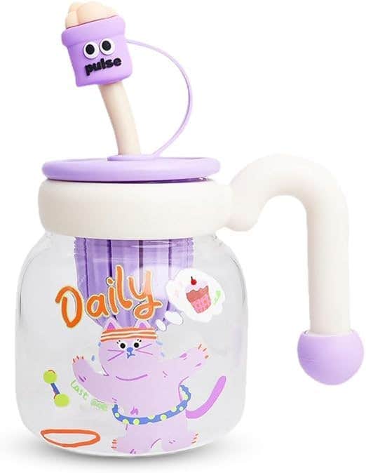 Glass Water Bottle with Straw & Handle 860ml - Strainer Cup, Leak-Proof, BPA-Free, Easy-Grip Lid for Juice, Milk and Tea, Cute Cup Ideal for Outdoor & Indoor, GG-2533 (Creamy)