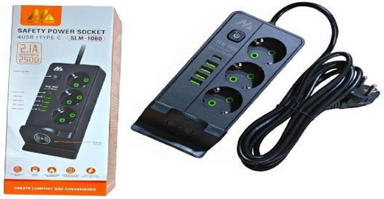 Generic 2500W Power Strip with Wireless Charger, 3 Outlets, 5 USB Ports, 750°C Flame Retardant - Black