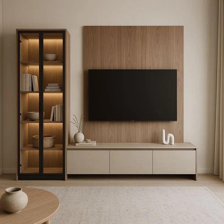 Modern Beige & Black TV Unit | 220x40x200 | MDF | 3-Year Warranty