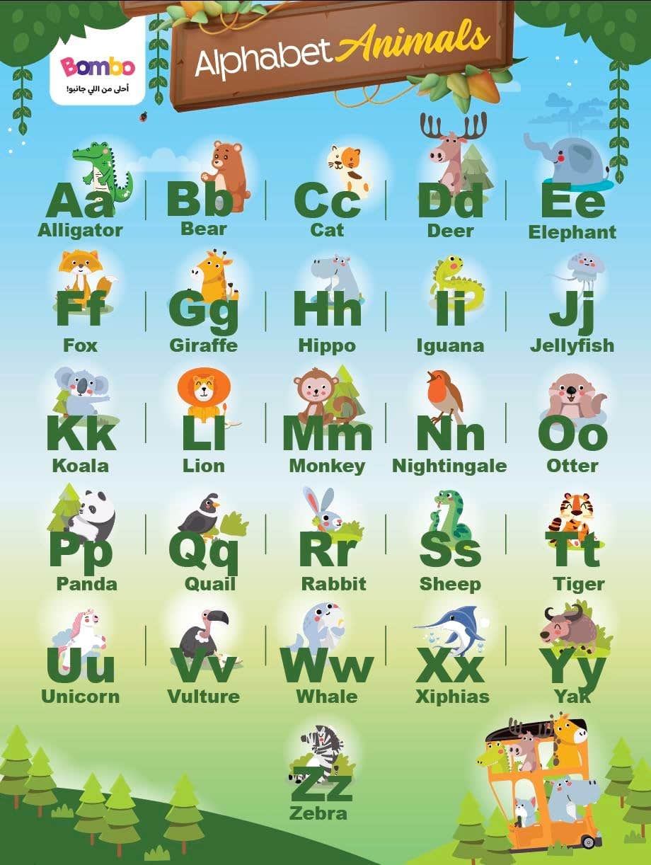 BOMBO - English Letters with Animals Educational Poster, Writable, Erasable, Waterproof, 32x43cm, Two Sides