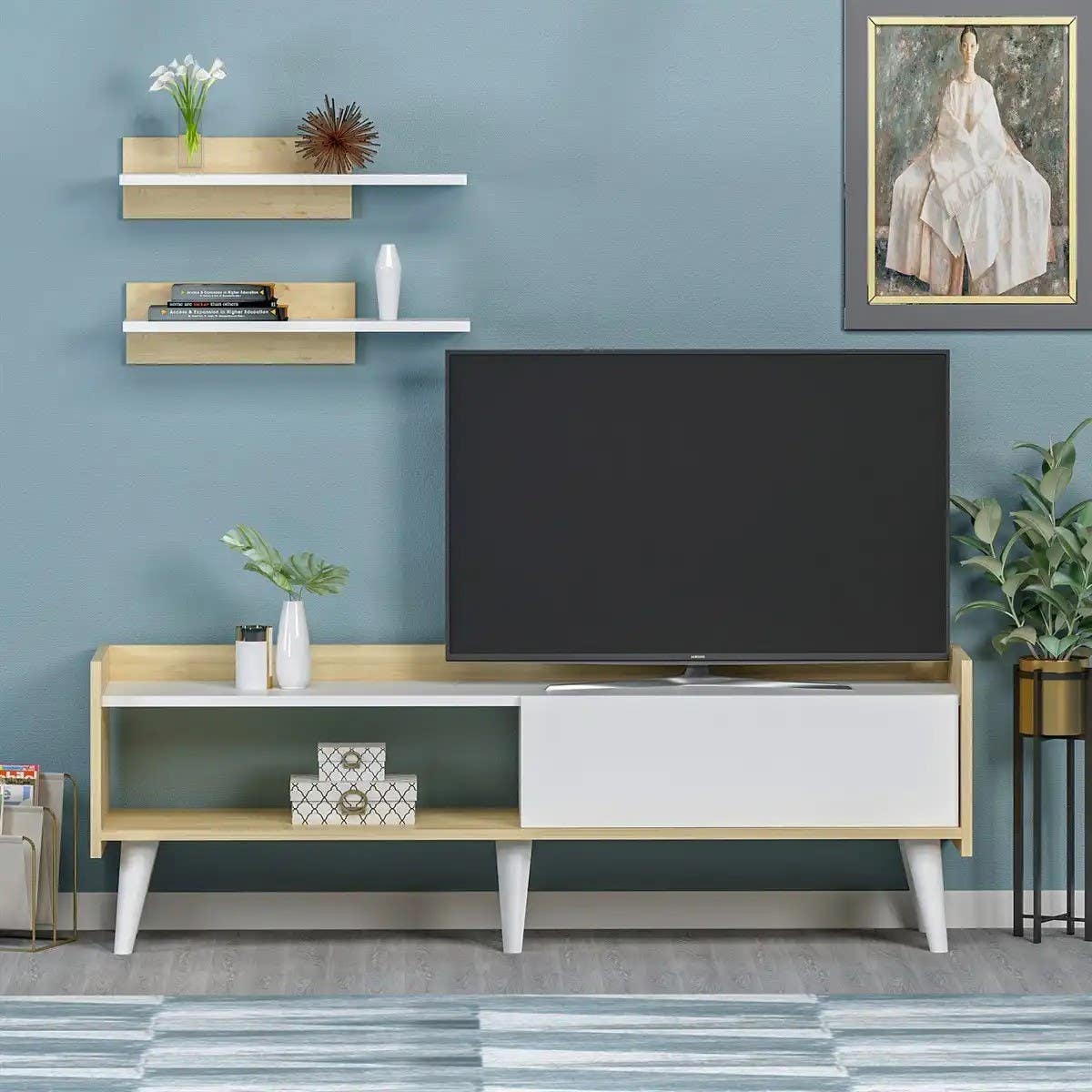 T11 - TV Unit, MDF 150*30*50 TVT1580011, Beige & White