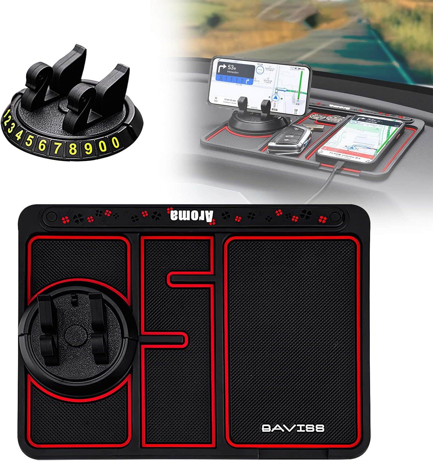 Red Non-Slip Car Phone Holder Dashboard Mount Stand Organizer Tray