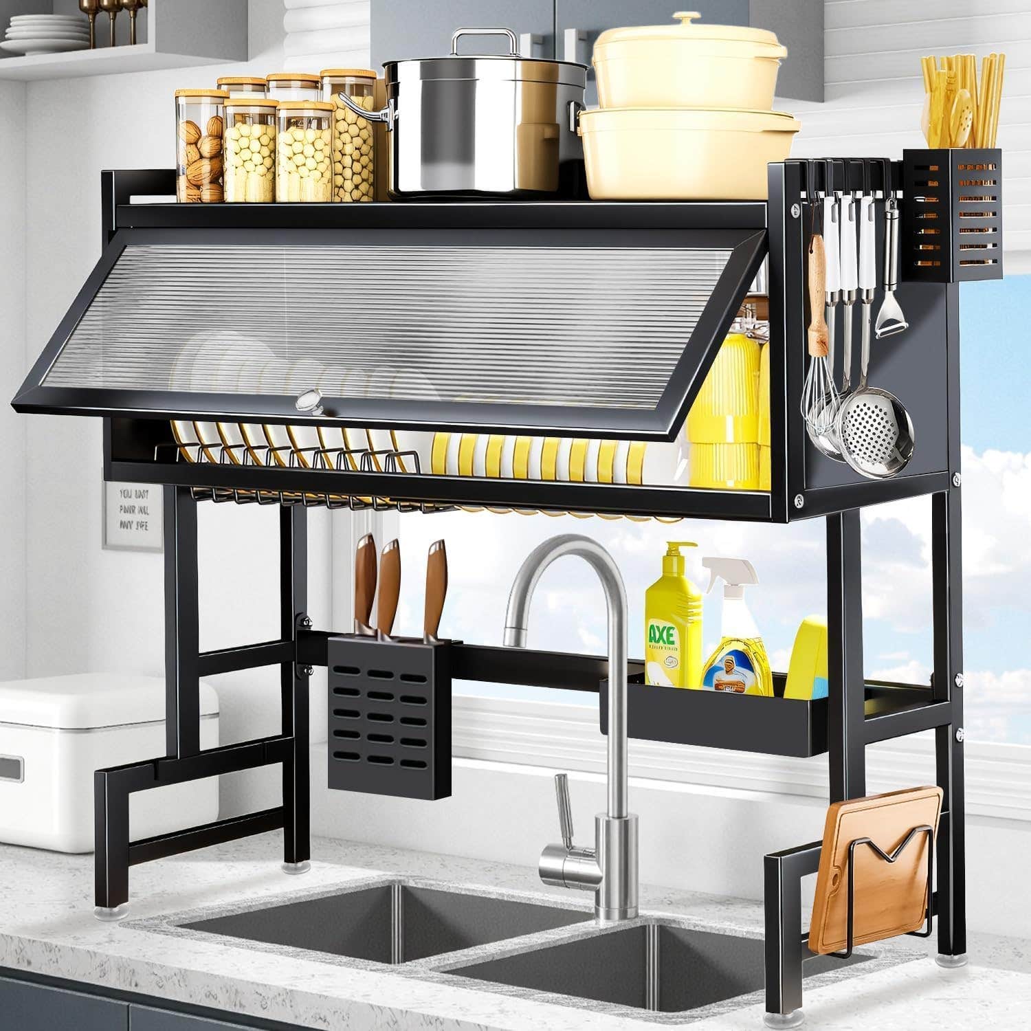 BEMMY Over-The-Sink Dish Drying Rack with Lid - Stainless Steel - Space-Saving Organizer