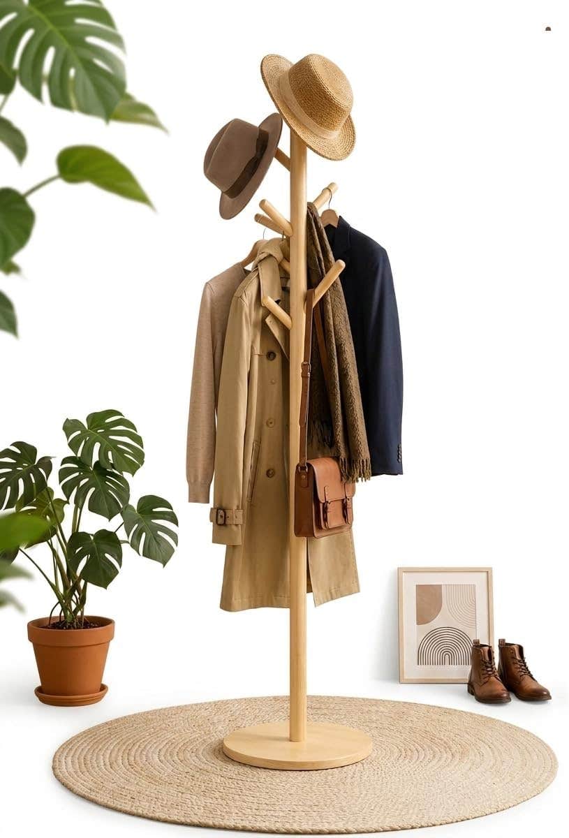 Wooden Coat Rack Standing Natural Wood Coat Rack Clothes Tree Hanger with 8 Hooks Height Adjustable Hanger for Jackets Bags Hats Entryway Bedroom Office
