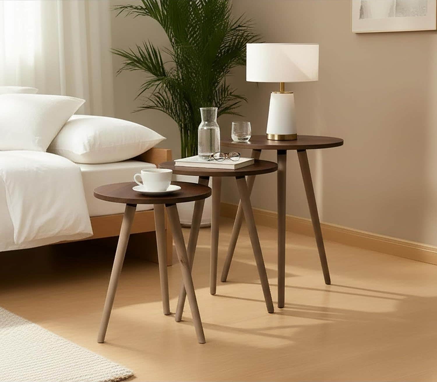 Modern Dark Brown Nesting Tables Set with Marble Tops and Wood Legs - Set of 3 - Space-Saving Design