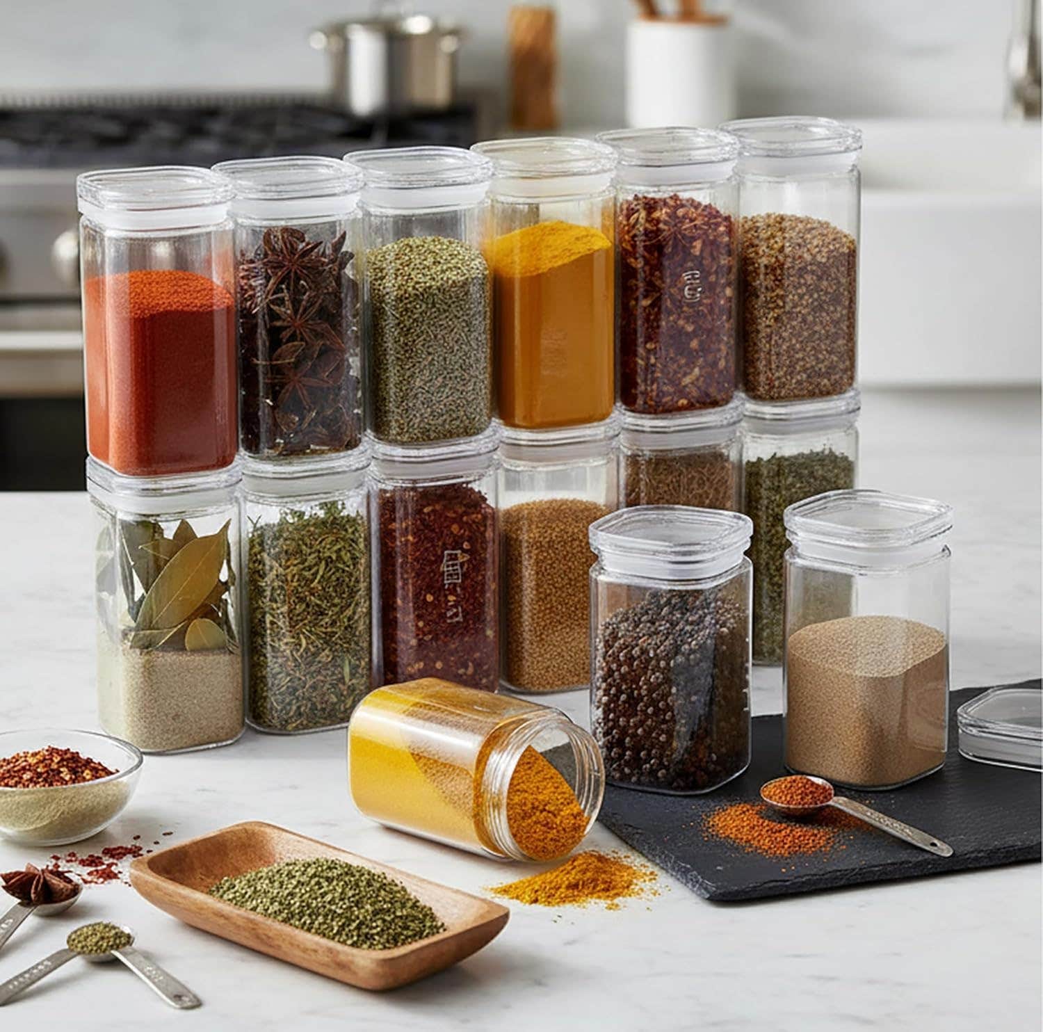 Set of 12 Clear Spice Jars with Airtight Lids - 250ml Capacity