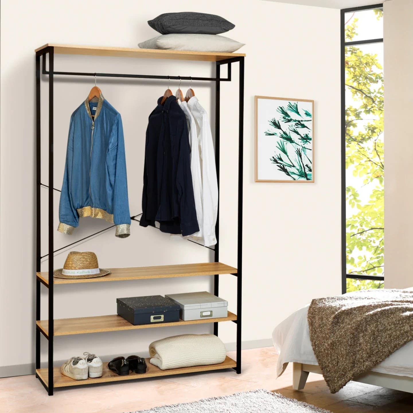 FURNiLE Metal Clothes Hanger Stand - Durable Metal Frame, MDF Shelves - 100x40x180cm