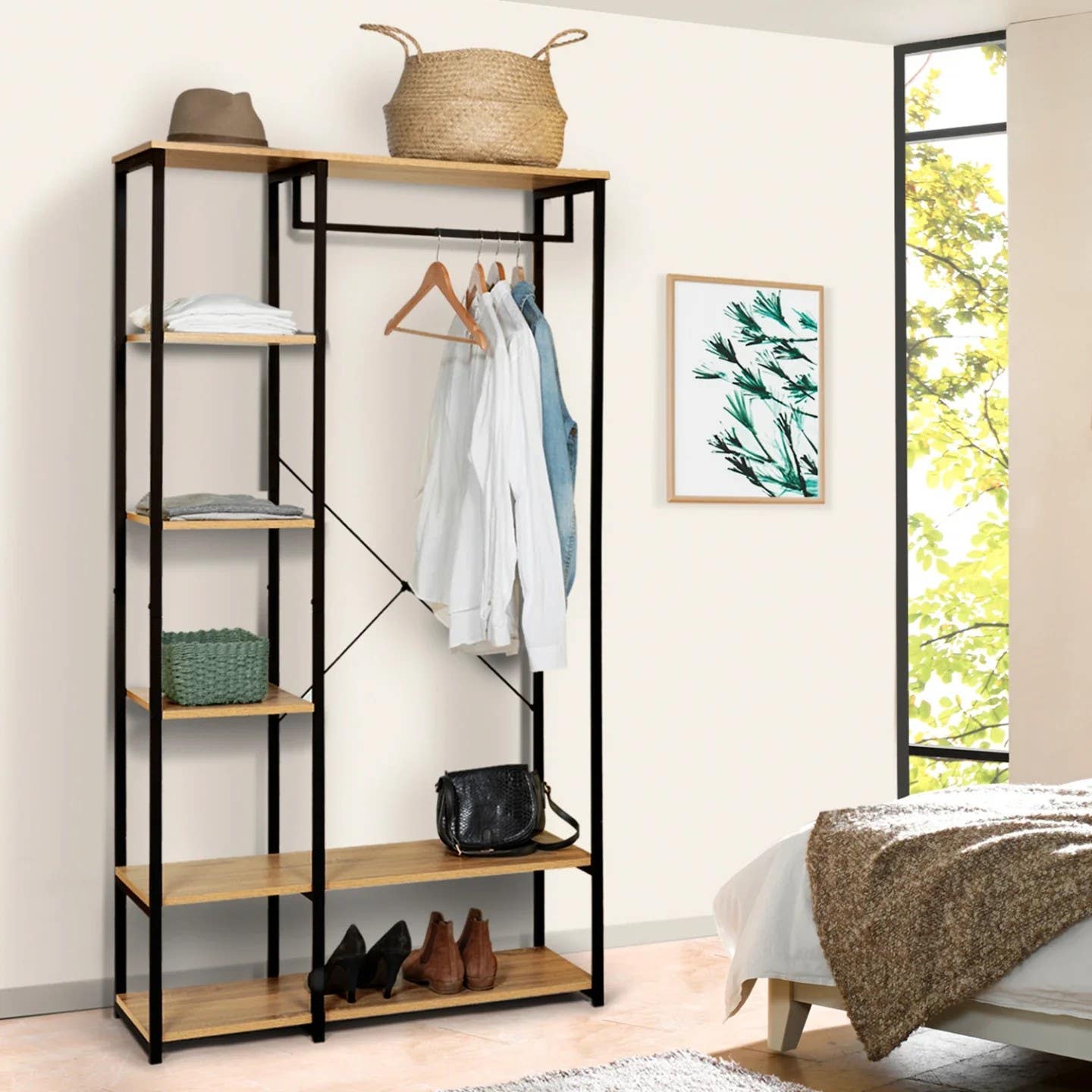 FURNiLE Metal Clothes Hanger with MDF Shelves - 90x40x180cm