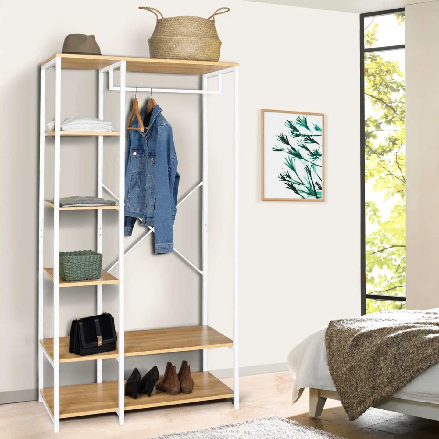 FURNiLE Modern Metal Clothes Hanger with MDF Shelves - 90x40x180cm