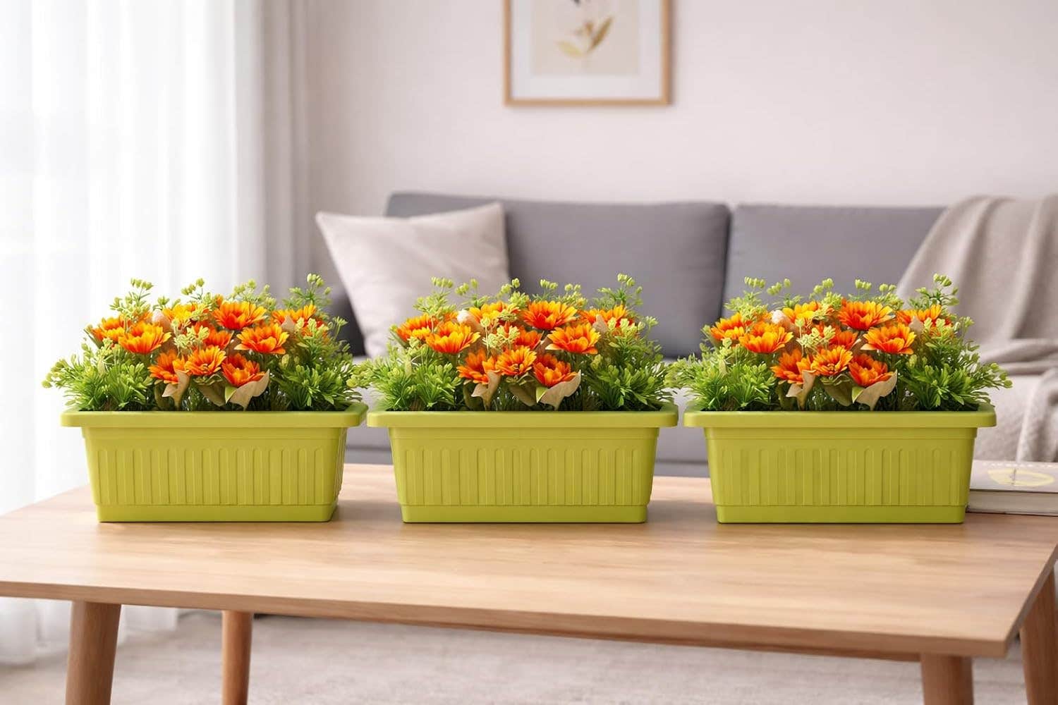 Set of 3 Green Artificial Flower Pots with Stand | Home Decor Bouquet