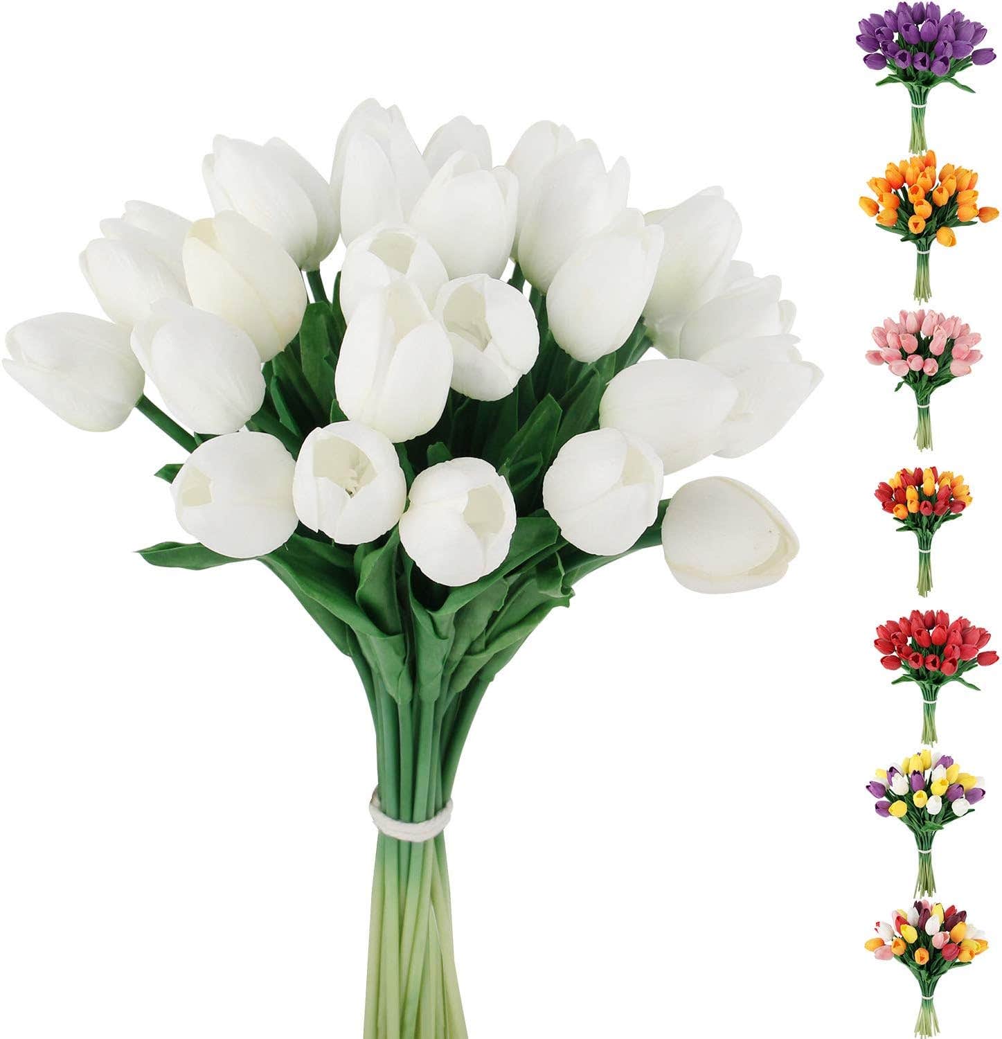 C APPOK Real Touch Artificial Tulips Flowers - 30pcs Faux Latex Stems, White Bouquet Wedding Decor