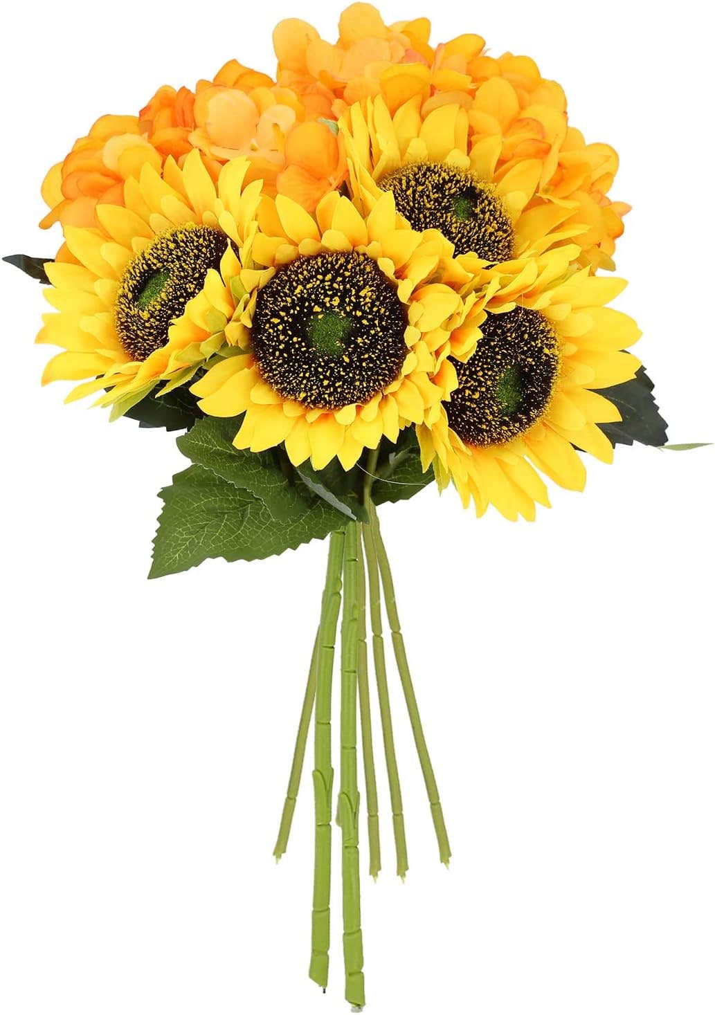 FLOERVE Gold Yellow Sunflowers & Hydrangeas Bundle - Pack of 6 Artificial Silk Flowers