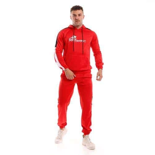 Cotton Men's Winter Tracksuit with Hood - Red