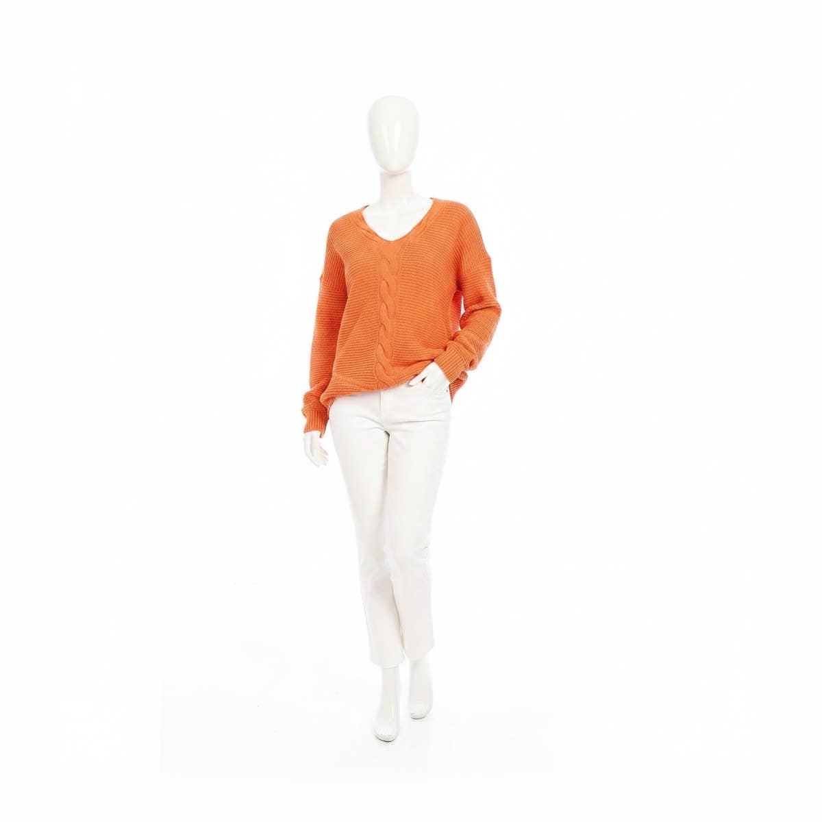 CAESAR Women's Wool Long Pullover with V Neck - Orange