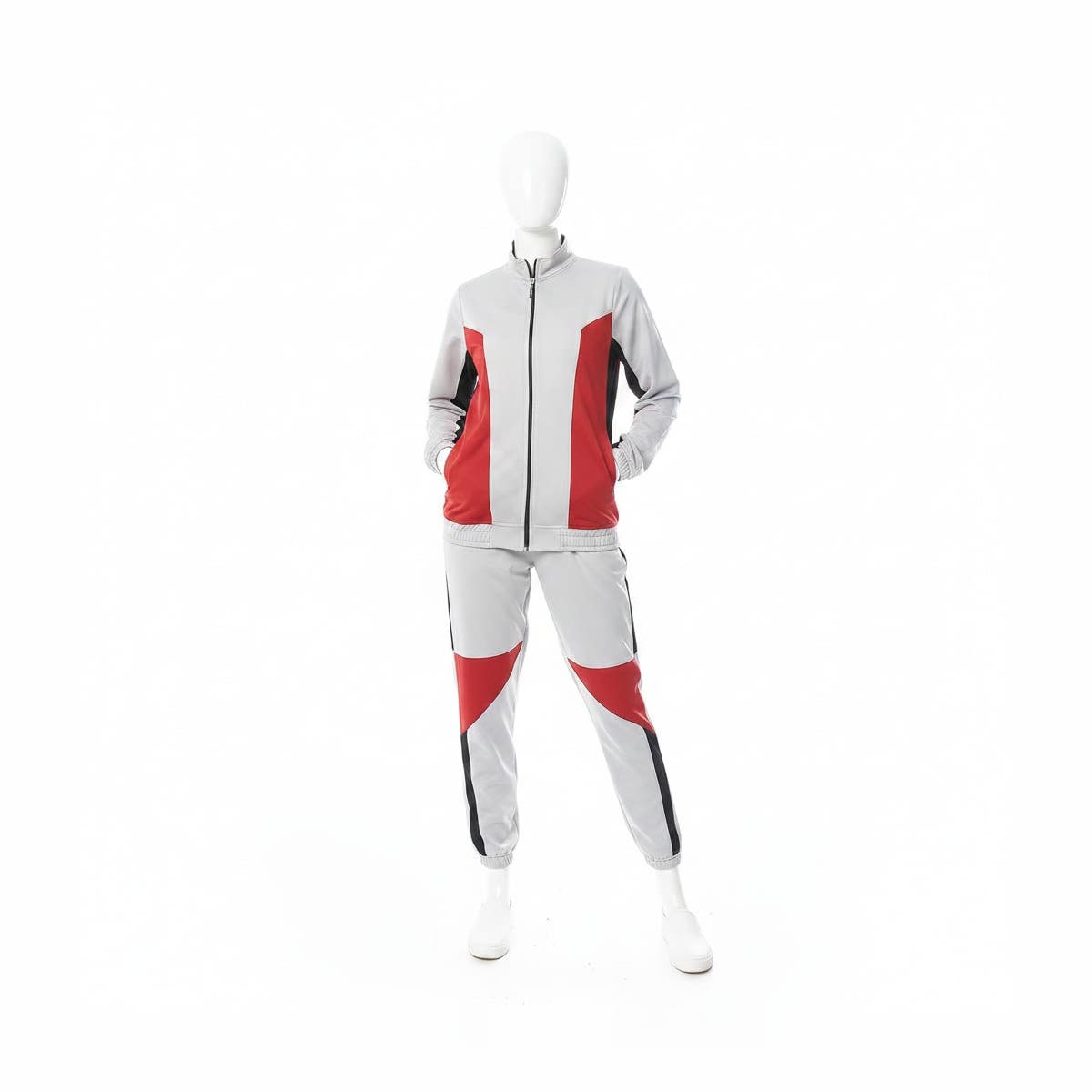 CAESAR Women's Zipper Tracksuit Set - Sportswear Active Top & Bottom - Grey Red
