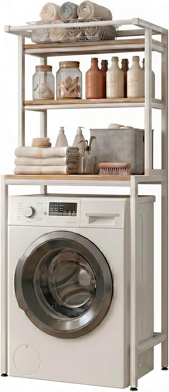 3-Tier Laundry & Bathroom Storage Organizer, Modern Freestanding Over Washing Machine Shelving Unit, Vertical Shelf Stand for Compact Spaces (T1)