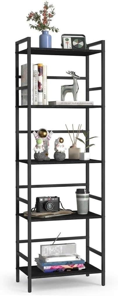 5-Tier Modern Black Metal Storage Rack Multipurpose Shelving Unit & Organizer for Living Room, Kitchen, Bathroom, and Bedroom, Slim, Space-Saving Freestanding Display Stand