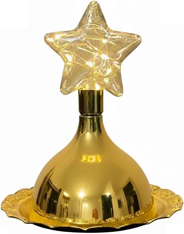 Stellar Stores Ramadan Golden Metal Round Tray with LED Decorative Lantern Dome Shaped, Multipurpose Tray for Dates, Mini Cake, Candy, Nuts, Almonds