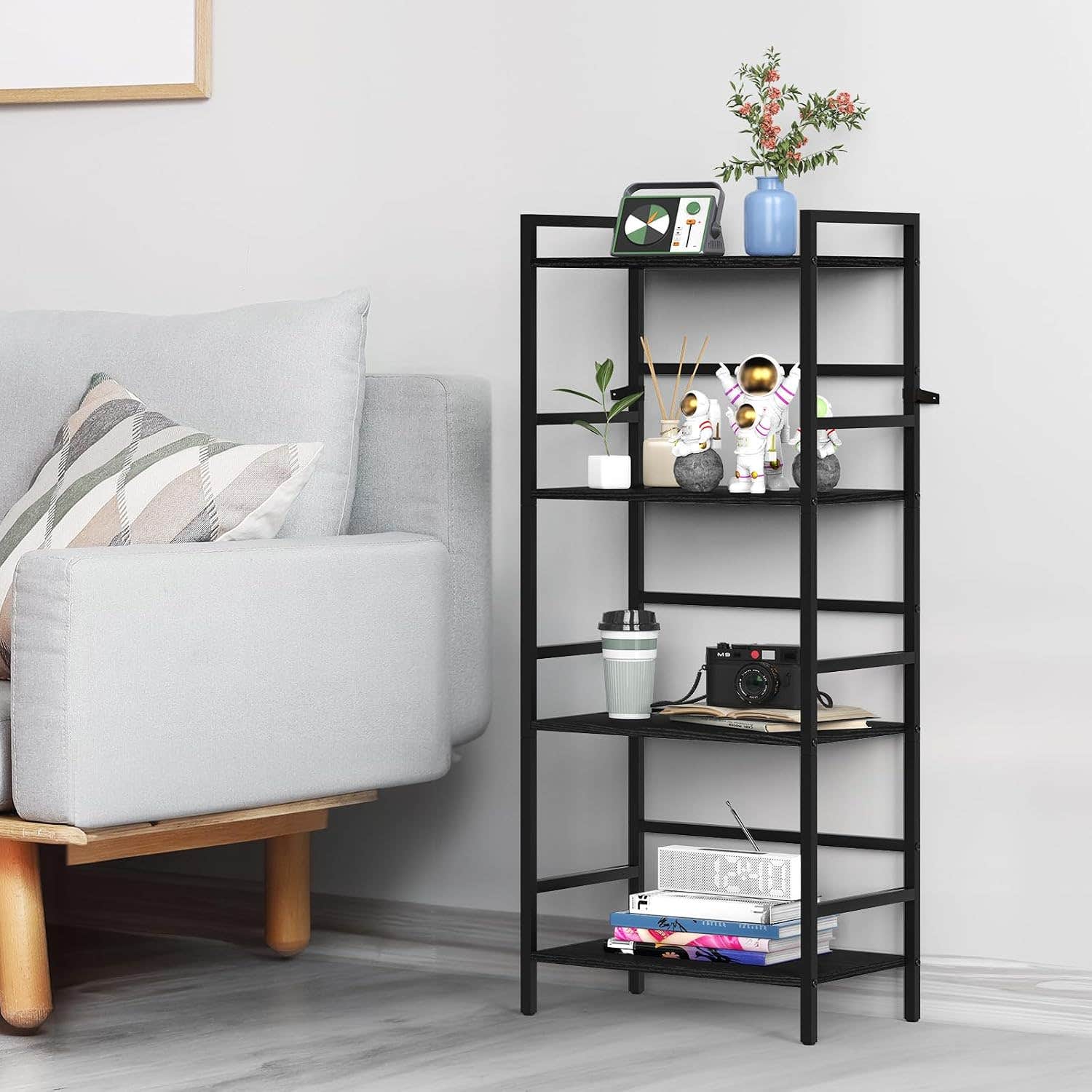 4 Tier Tall Bookcase Shelf Storage Organizer, Industrial Display Standing Shelf Unit, Wood Bookshelf with Metal Frame 40.95in(H) for Bedroom, Home Office, Entry Way and Living Room, Modern Black