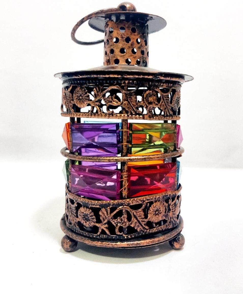 Vintage Moroccan Style Ramadan Lantern Candle Holder, Antique Copper Metal with Colored Glass, Ideal Gift